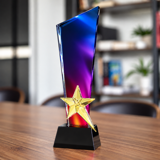 Custom purple crystal appreciation award with tapered shape for Thanksgiving recognition