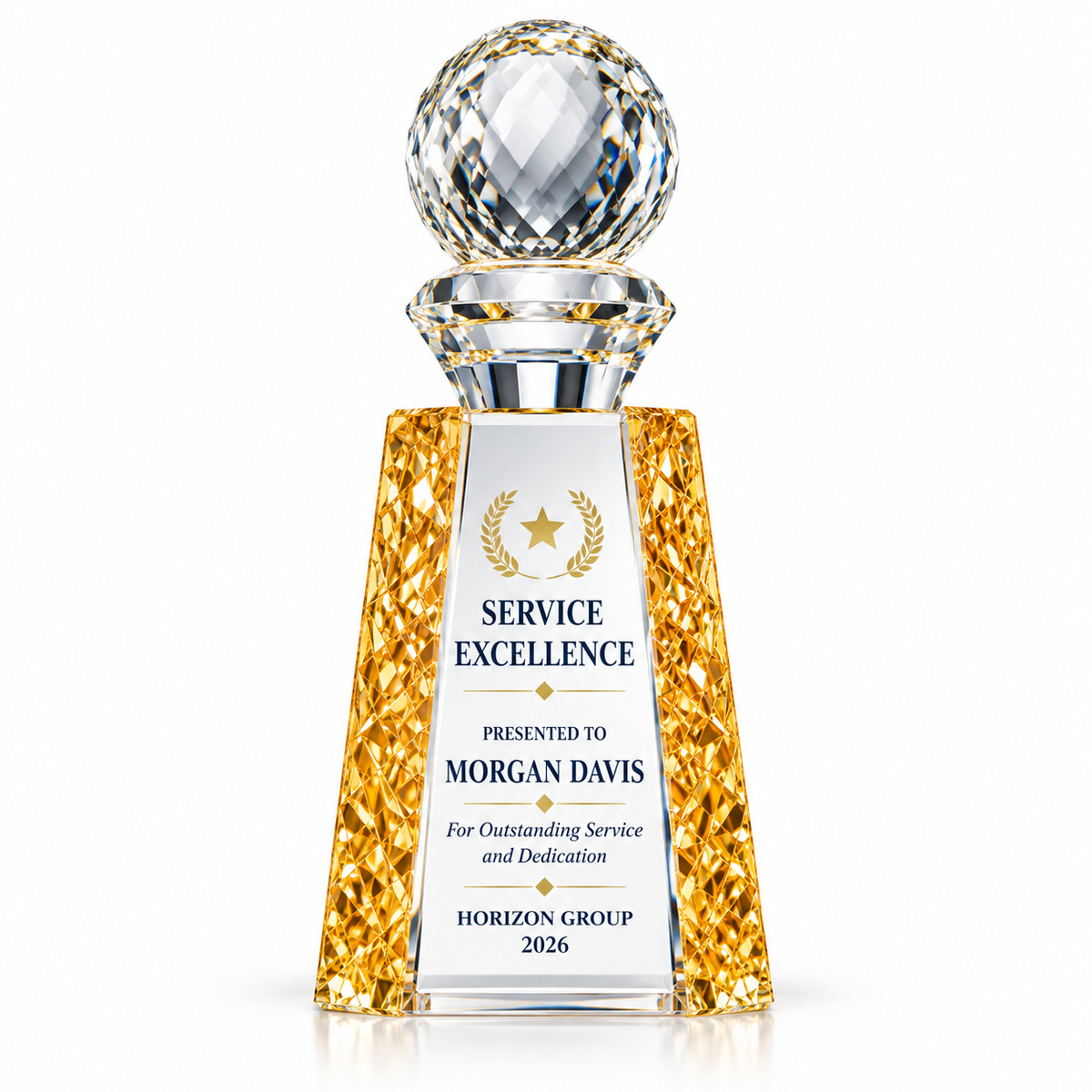 Premier Service crystal award with faceted crystal globe top and gold textured sides