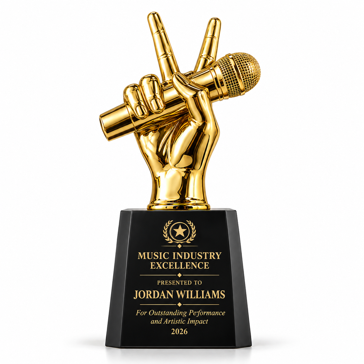 Sonic Gesture gold hand holding microphone singing trophy on black base