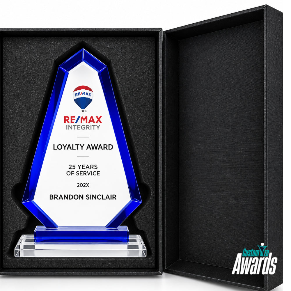 Trophée en cristal gravé sur mesure Apex garniture bleue
