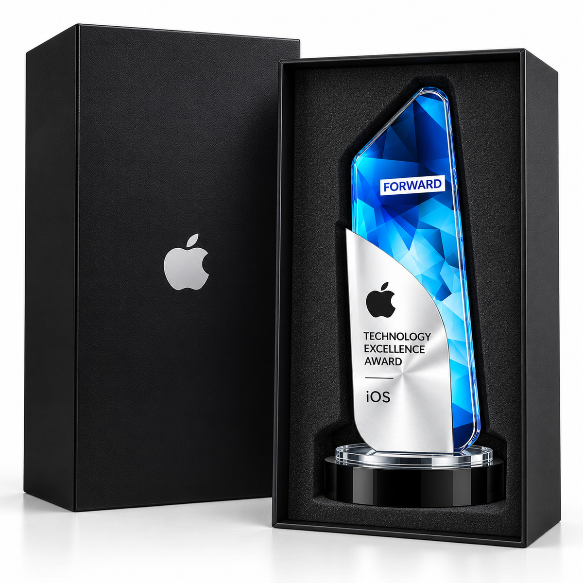 Personalized geometric blue crystal trophy with silver front panel for tech recognition