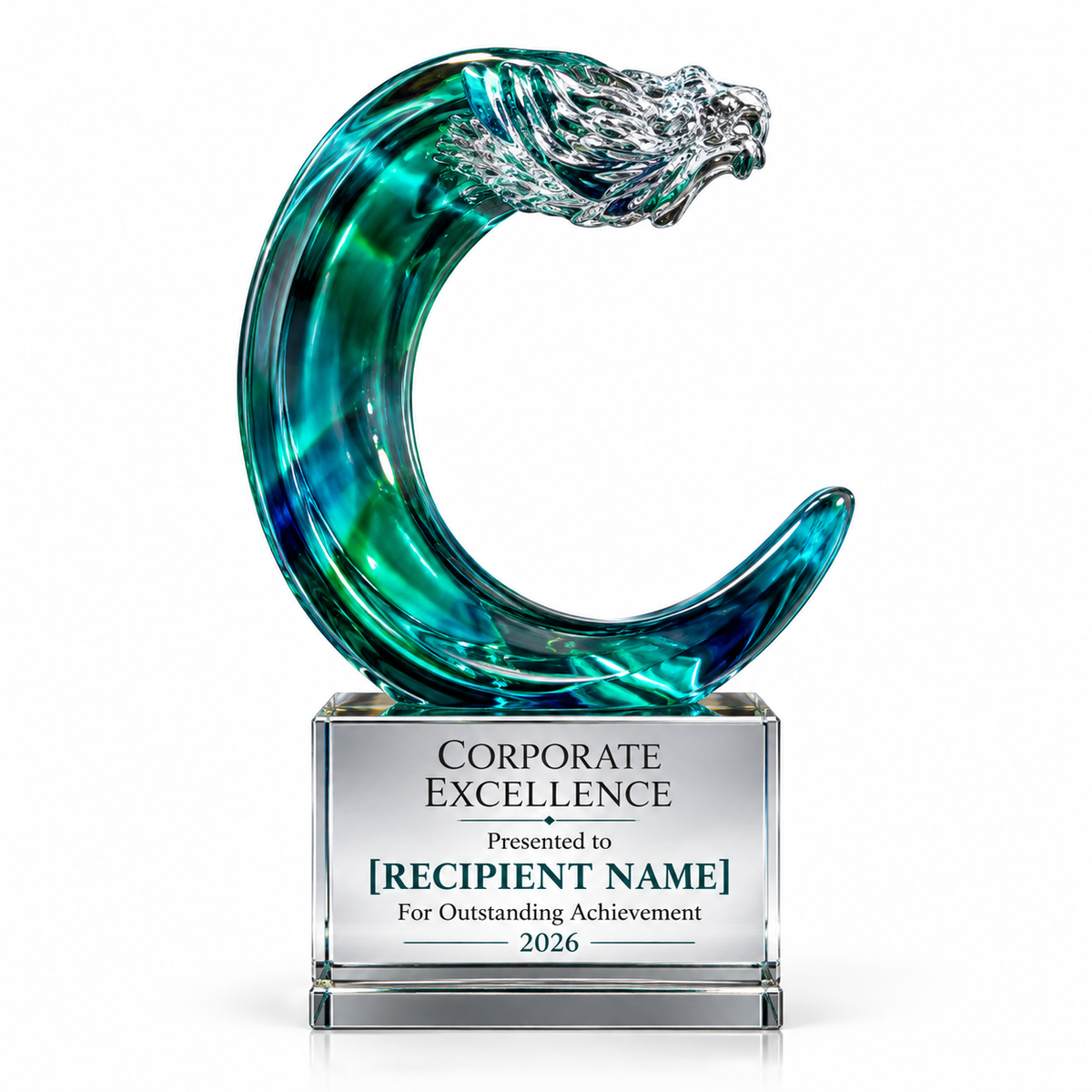 Conqueror Arc teal and blue art glass wave arc award on a clear glass base