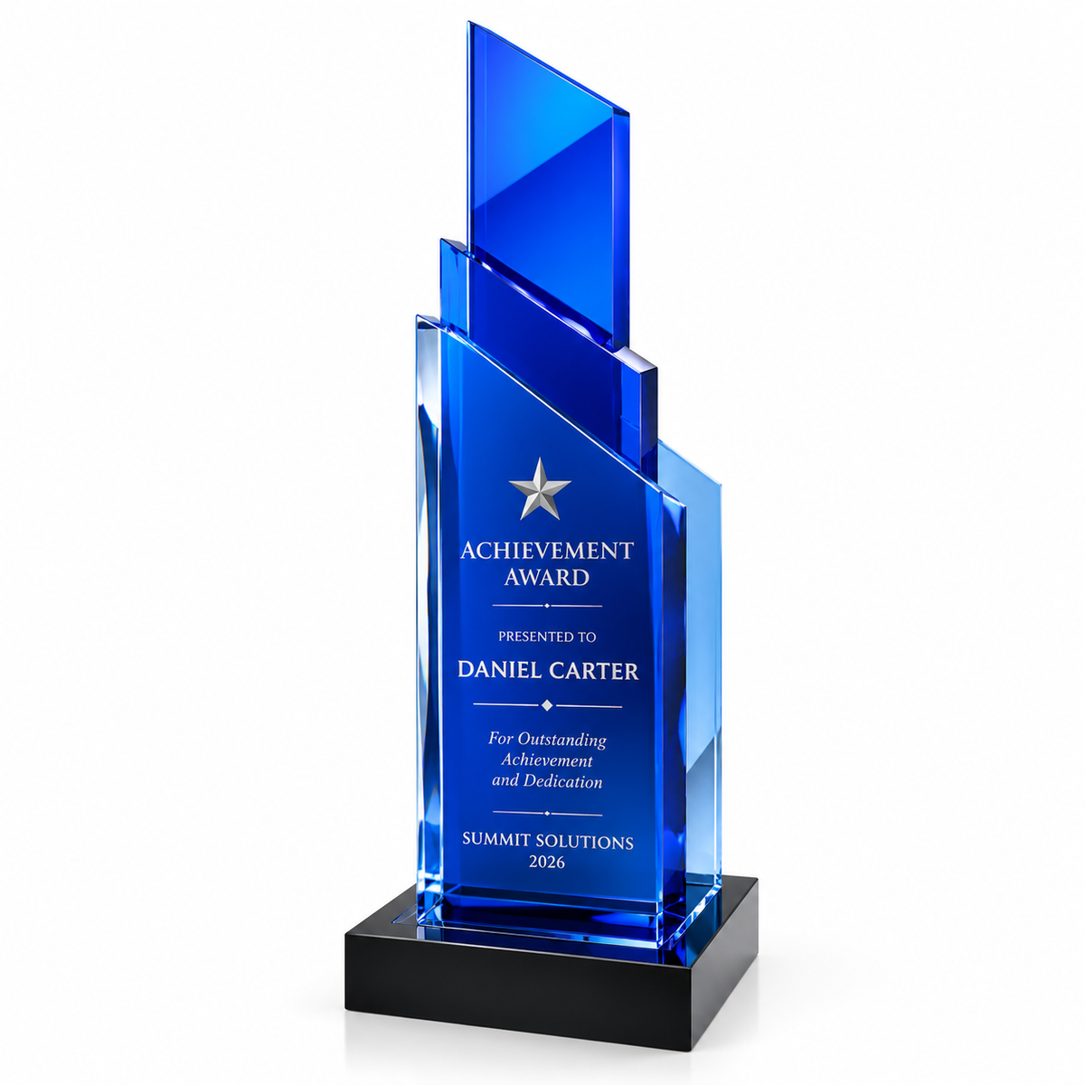 Pinnacle Ascent blue acrylic champion award with ascending peak design