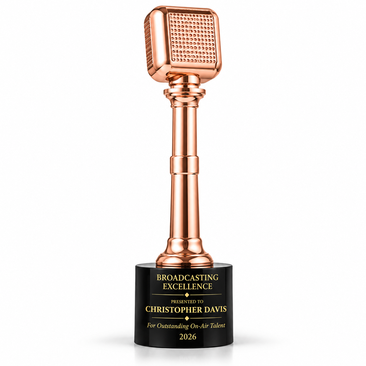 Stage Icon rose gold retro microphone trophy on round black base