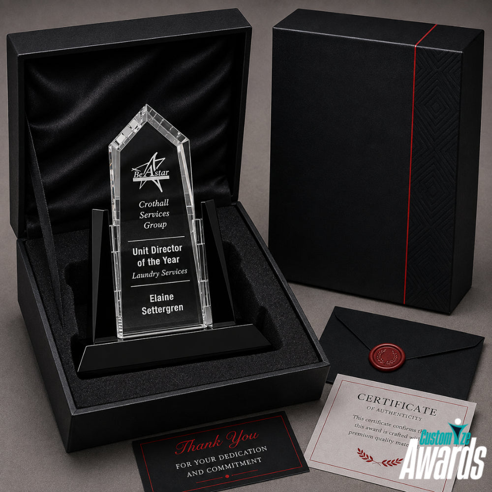 PersonalizedSunridgePeakCrystalAwardTrophywithBlackGlassAccentspakaging