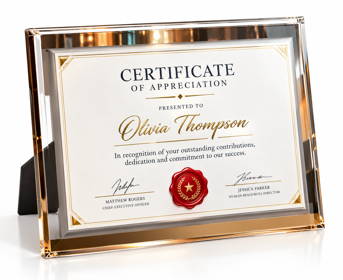 Classic Display acrylic appreciation certificate plaque with gold-toned frame on an easel stand