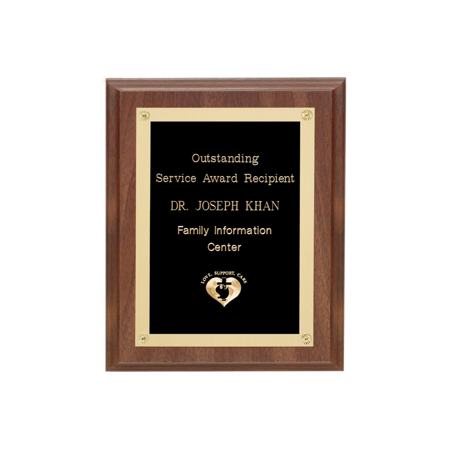Walnut Finish Recognition Plaque with Rosettes β Custom Engraved Service Award