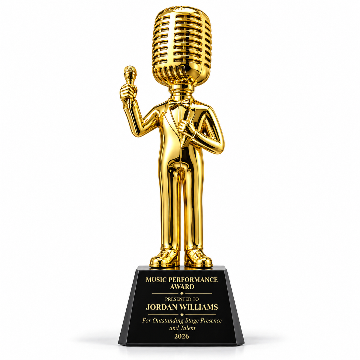 Stage Virtue gold singer figure trophy with vintage microphone head on black base