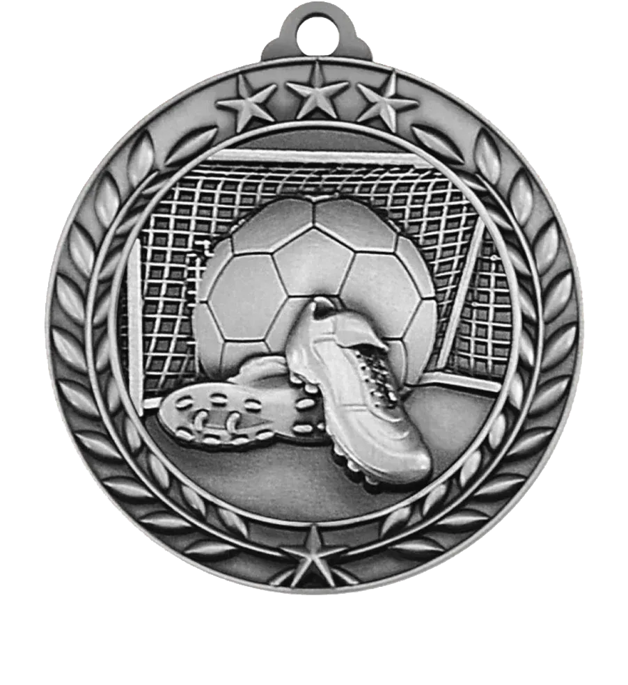 Silver soccer medal with a boot kicking a ball and net in the background on a white background