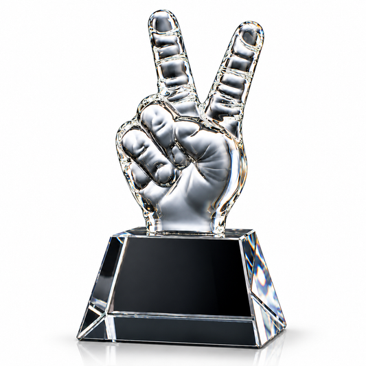 Custom crystal Thanksgiving appreciation award shaped like a peace sign hand with engraving