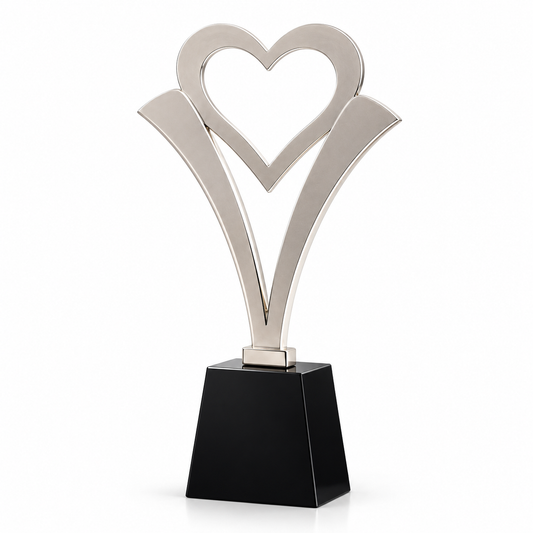 Custom silver metal heart trophy for client, employee and partner Thanksgiving recognition