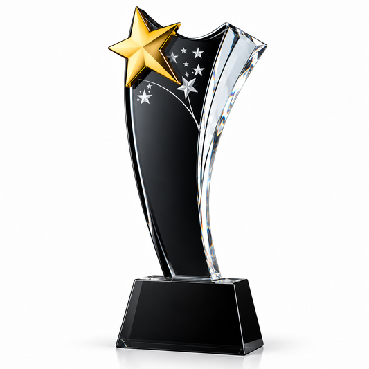 Custom crystal appreciation trophy with gold star for corporate and team recognition