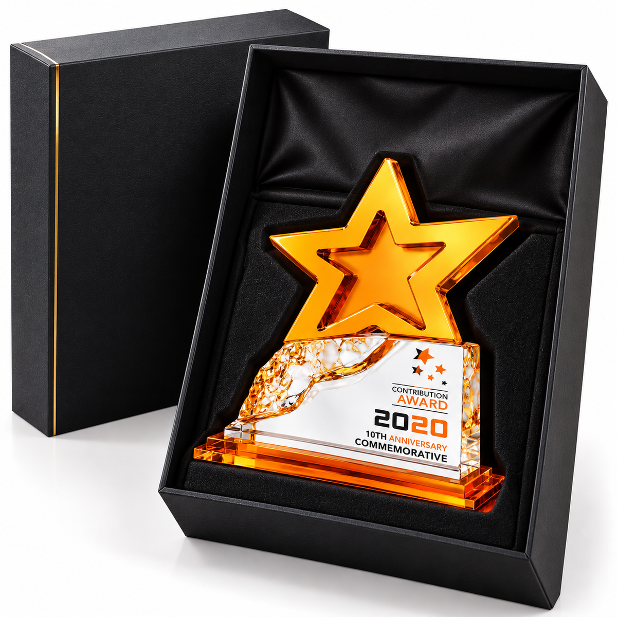 Personalized textured acrylic star award with warm gold and orange accents