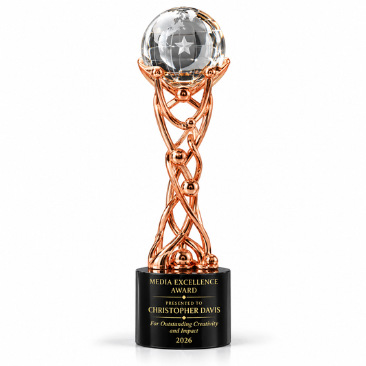 Revenue Ascent rose gold twisted metal trophy with crystal globe on black base
