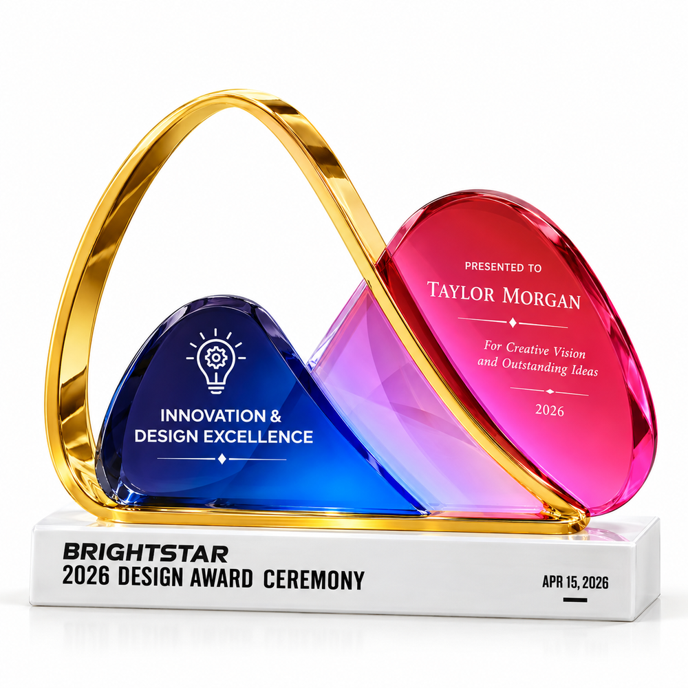Prestige Arc crystal innovation award with gold arch and blue crystal center on white base