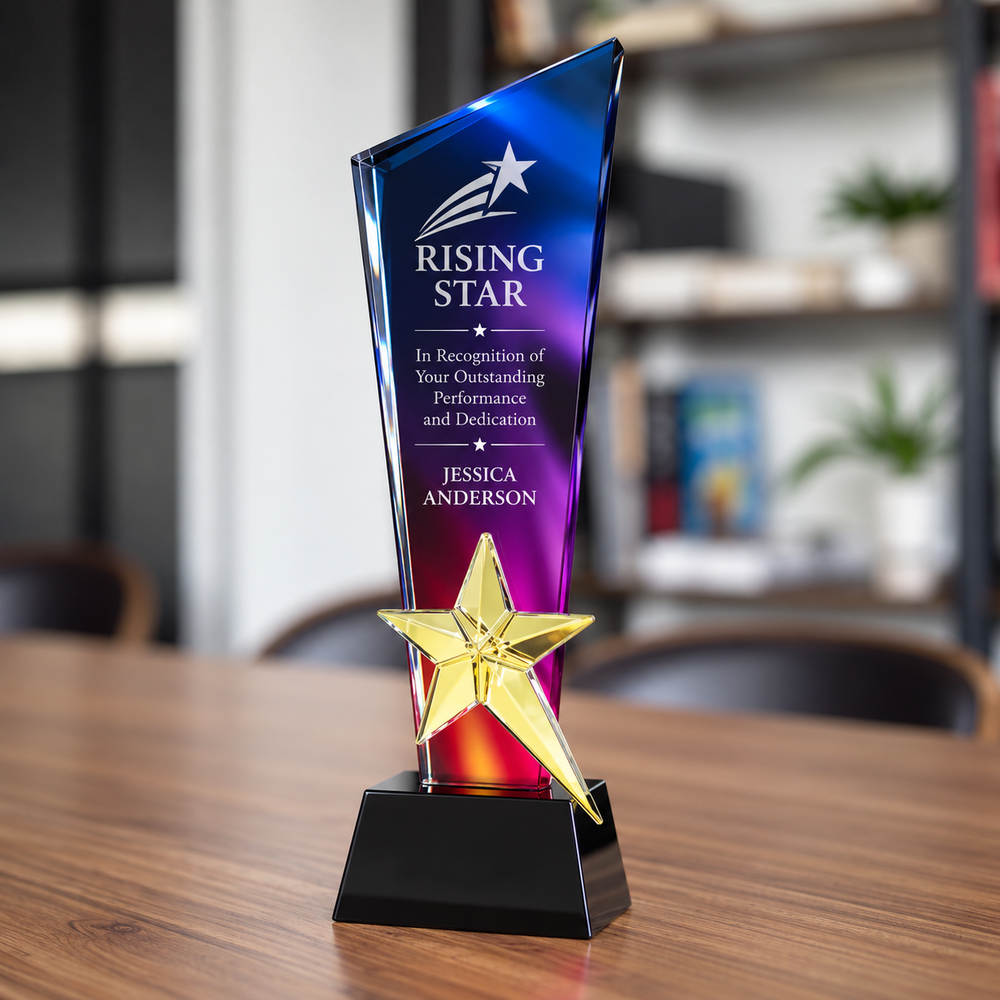 Prism Gratitude purple and blue gradient crystal Thanksgiving award with gold star on a black base