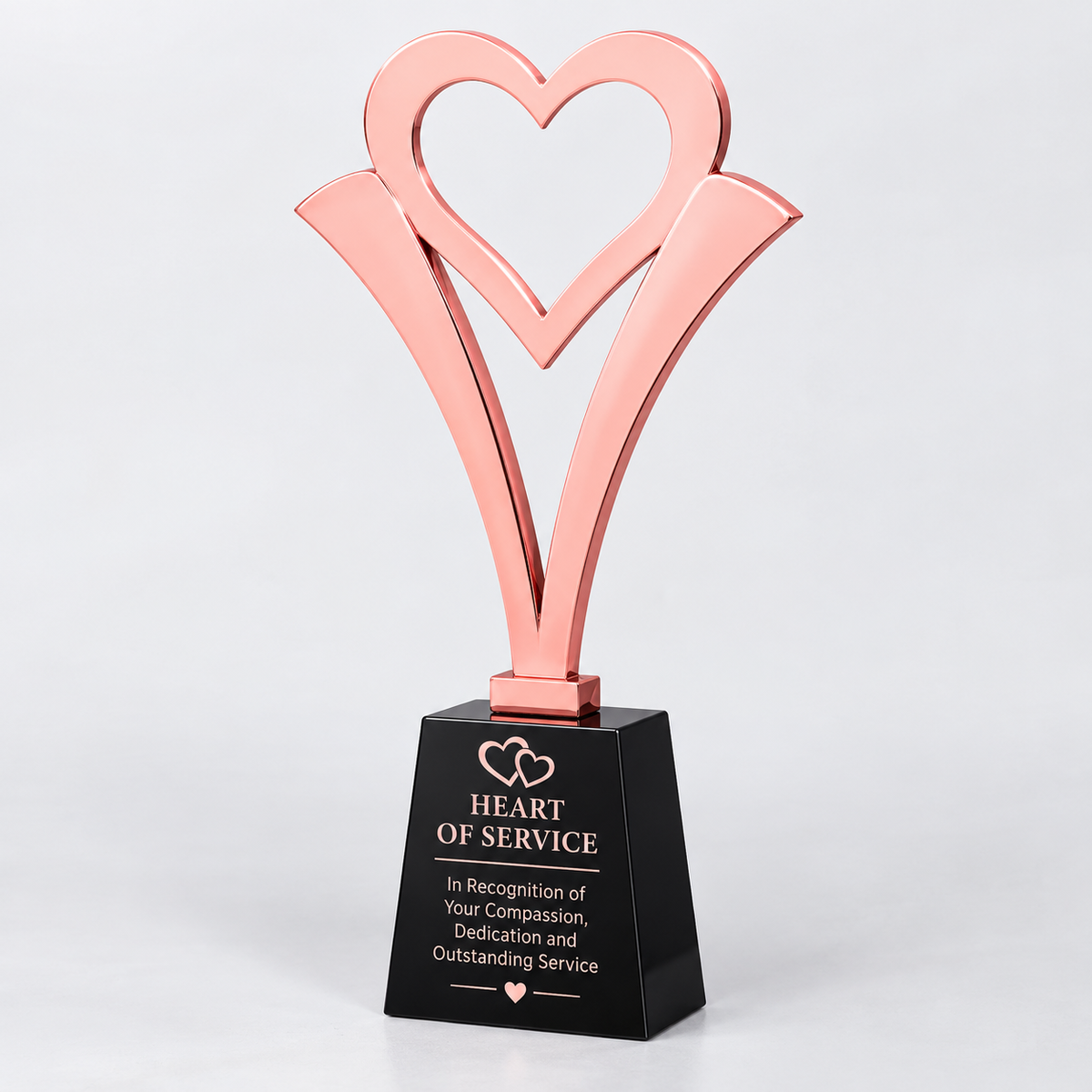 Roseheart Elegance rose gold metal open-heart Thanksgiving appreciation trophy on a black base