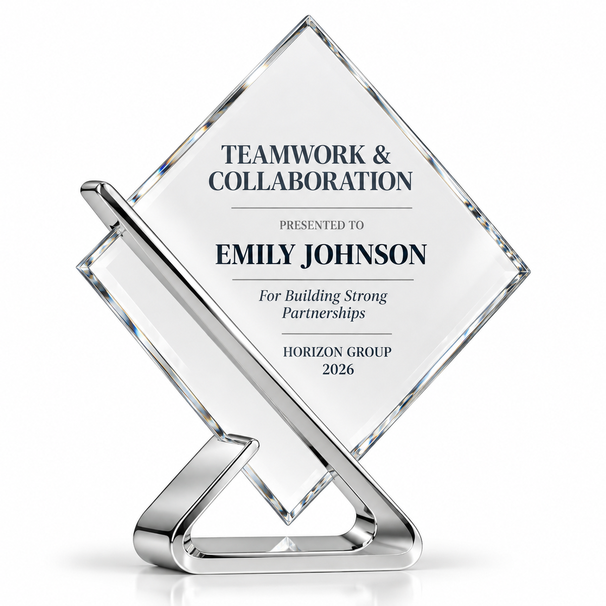Silver Accord clear crystal diamond award on silver-tone loop stand with teamwork text