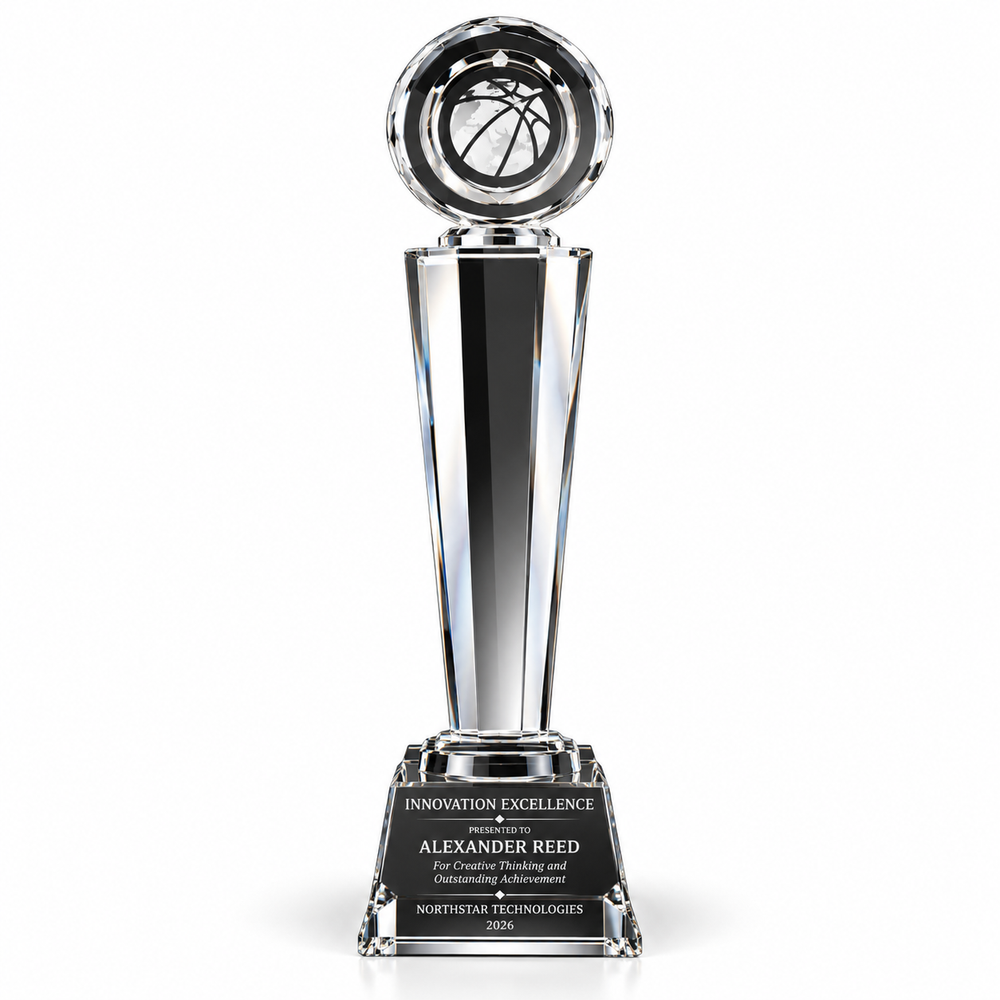 Summit Crest tall crystal tower trophy with round emblem top and black base