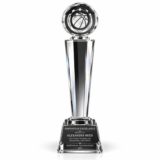Summit Crest tall crystal tower trophy with round emblem top and black base