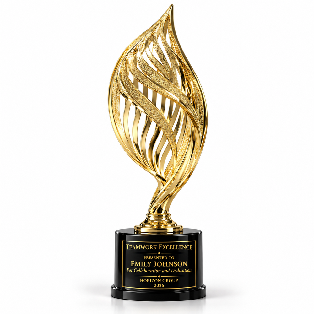 Visionary Weave gold woven flame metal trophy on black round base