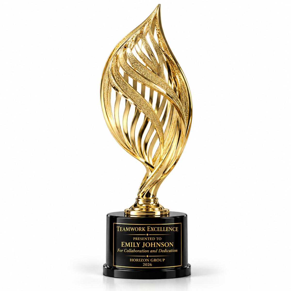 Visionary Weave gold woven flame metal trophy on black round base