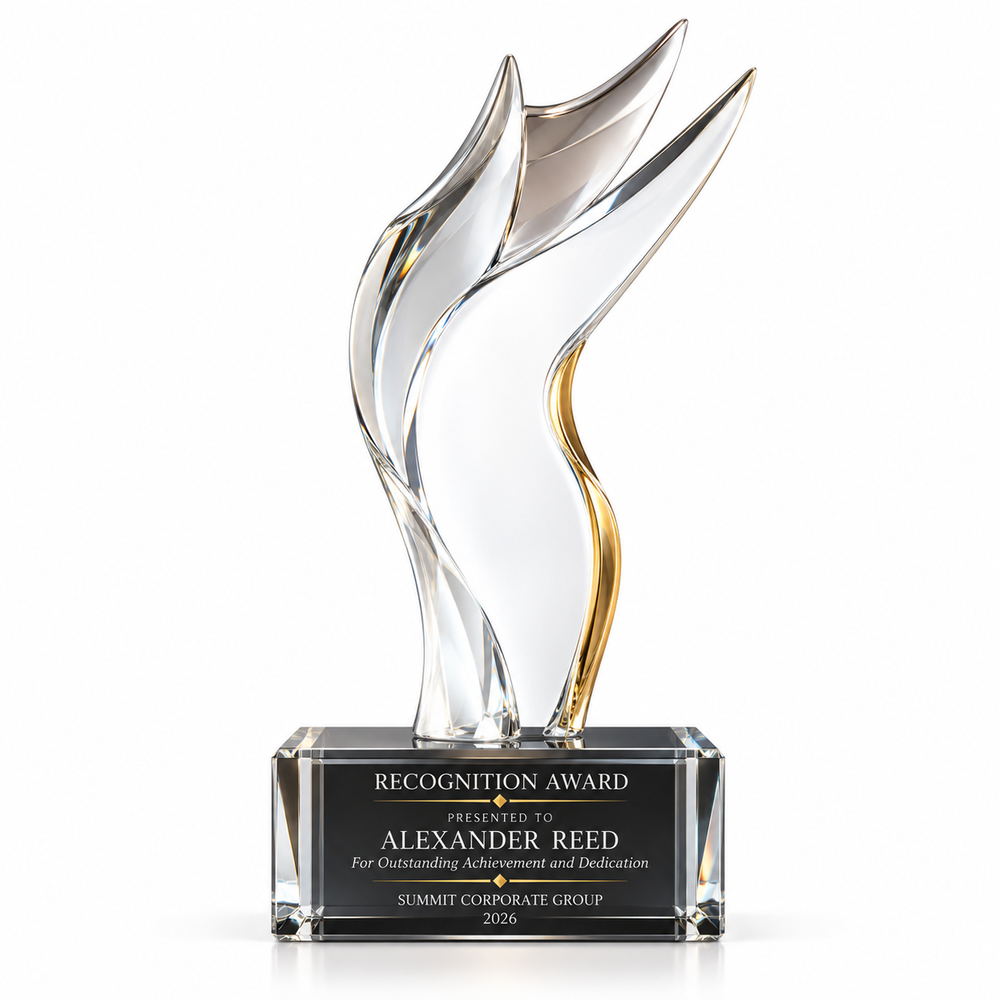 Eternal Embrace sculpted clear crystal love and appreciation award with gold accent on a black base