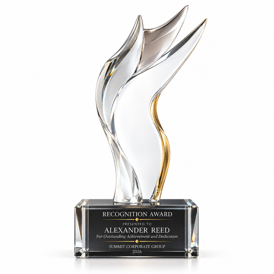 Eternal Embrace sculpted clear crystal love and appreciation award with gold accent on a black base