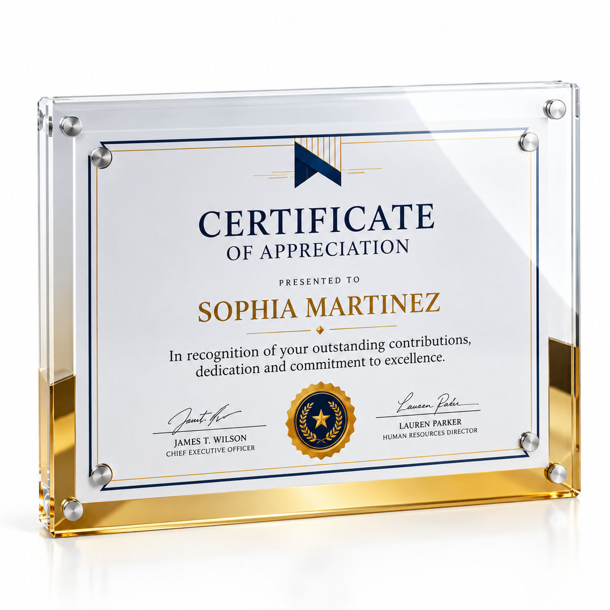 Signature Clearview crystal certificate plaque with clear panel and gold accent edge