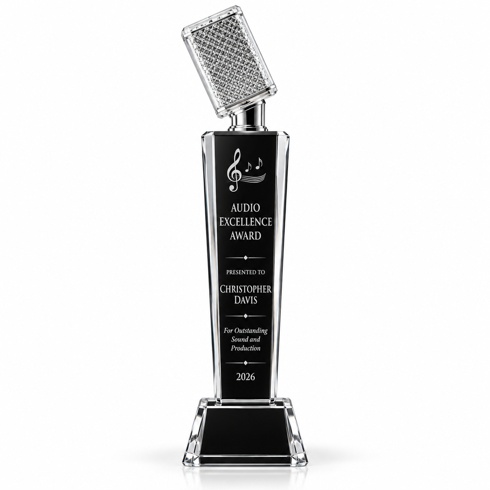 Silver Edge black crystal tower trophy topped with silver microphone
