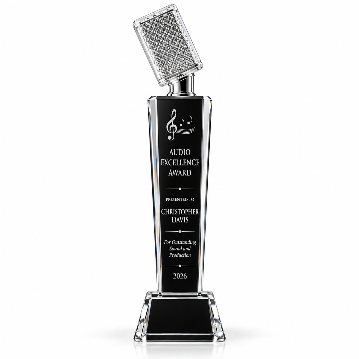 Silver Edge black crystal tower trophy topped with silver microphone