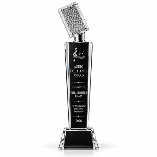 Silver Edge black crystal tower trophy topped with silver microphone