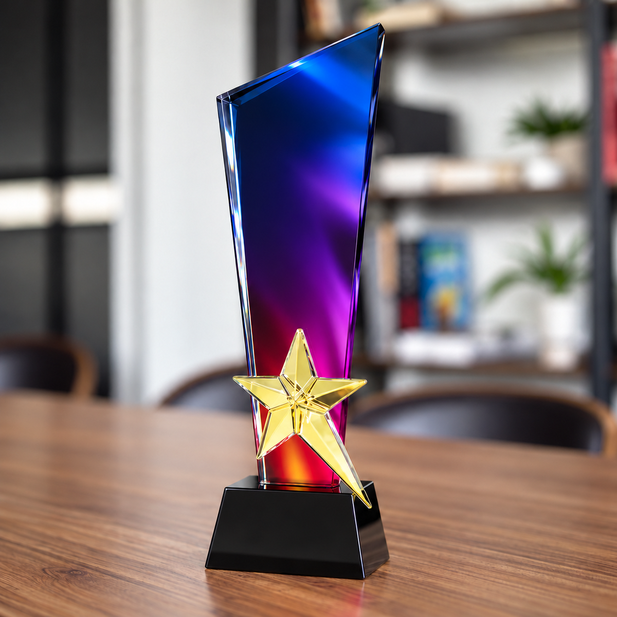 Custom purple crystal appreciation award with tapered shape for Thanksgiving recognition
