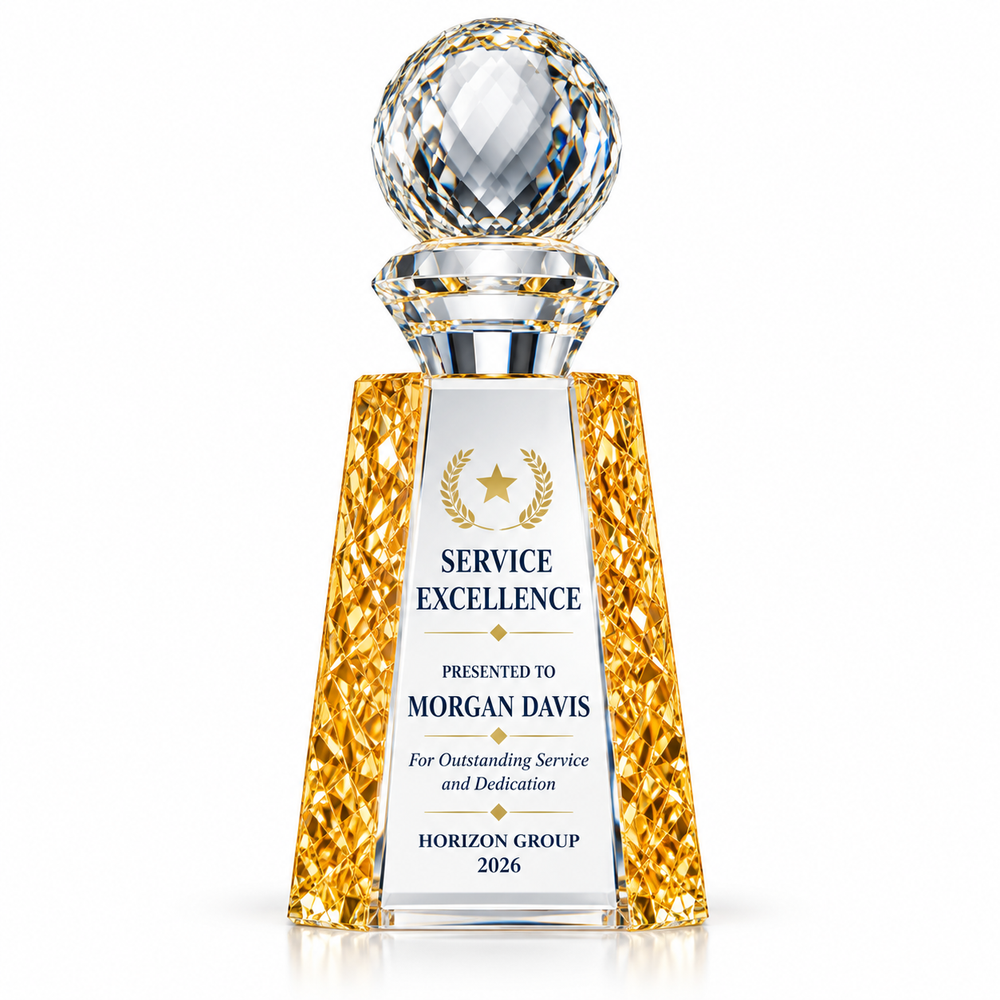 Premier Service crystal award with faceted crystal globe top and gold textured sides