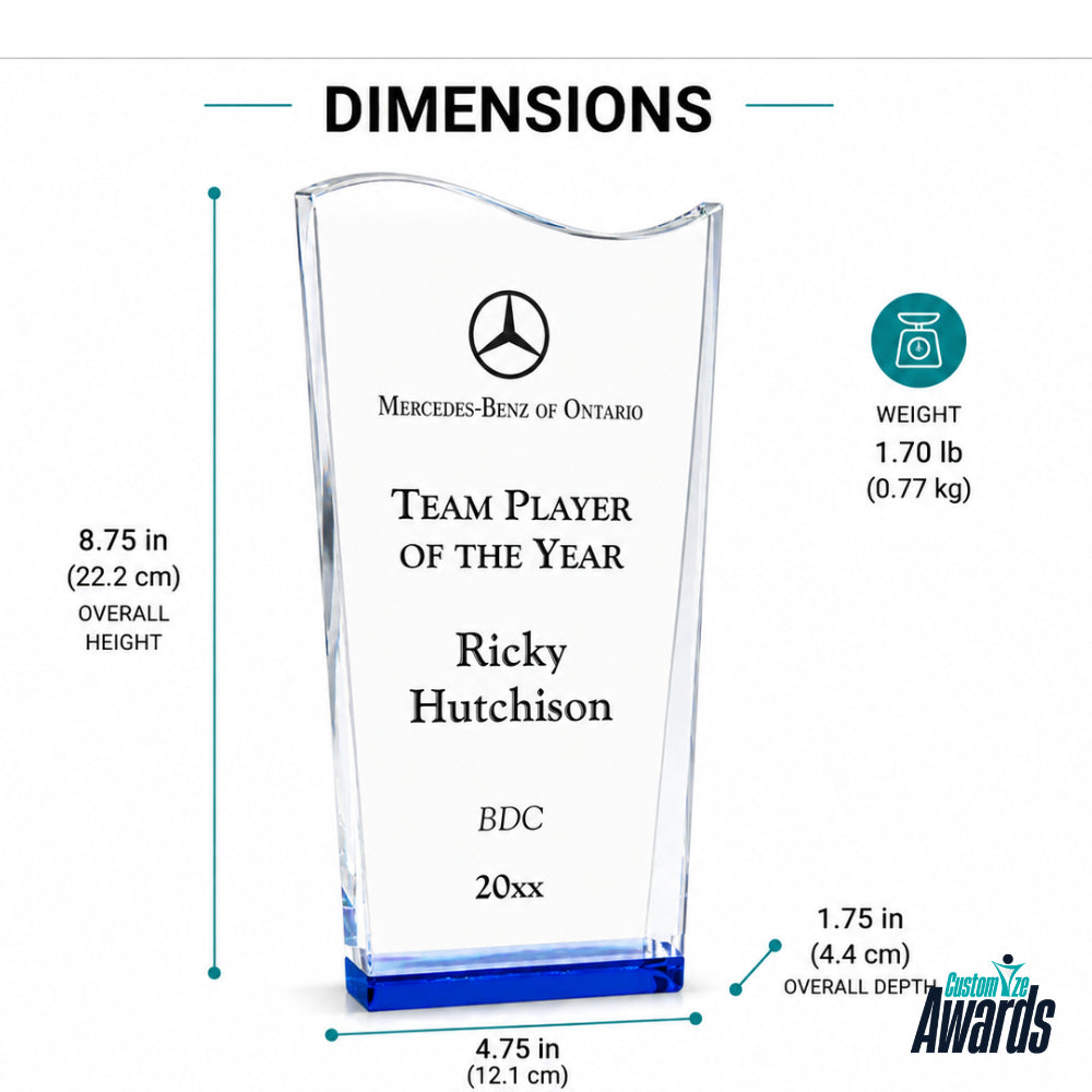 Trophée en cristal gravé personnalisé « Blue Wedge »