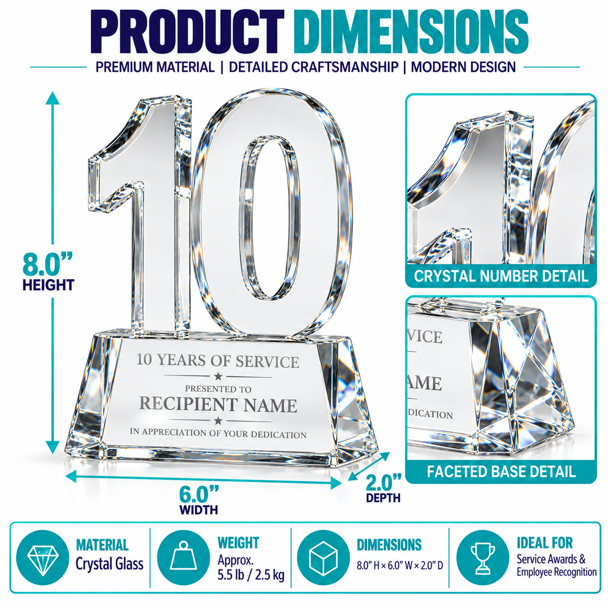 Noble Rise | Custom Crystal 10 Years of Service Recognition Award