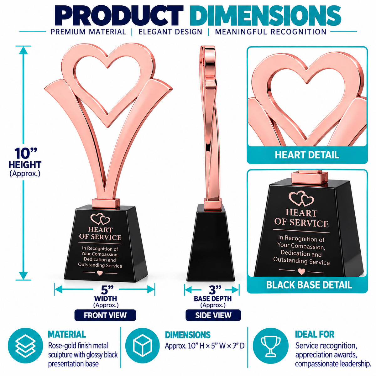 Personalized sculptural heart award in rose-gold metal with engraved plate