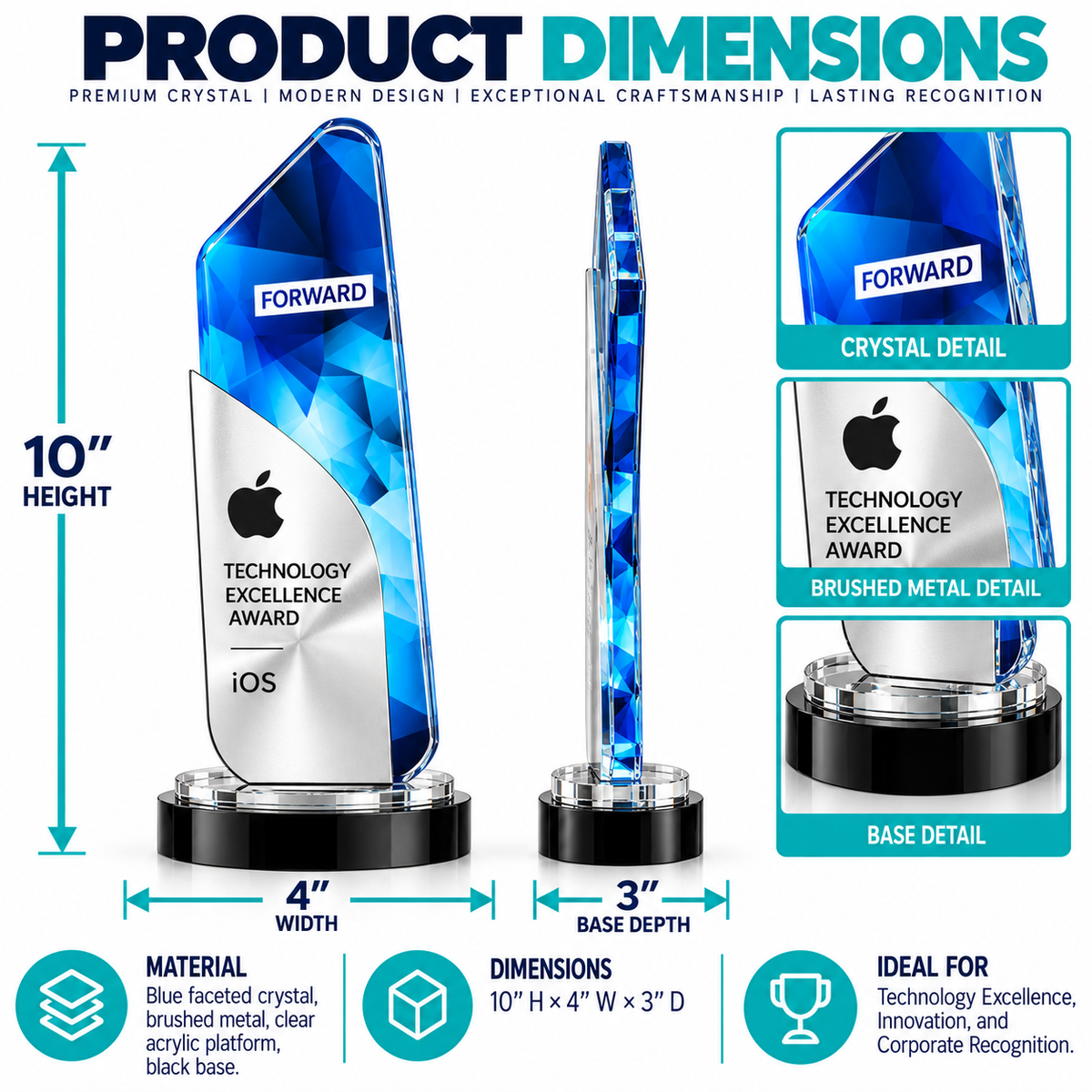 Personalized geometric blue crystal trophy with silver front panel for tech recognition