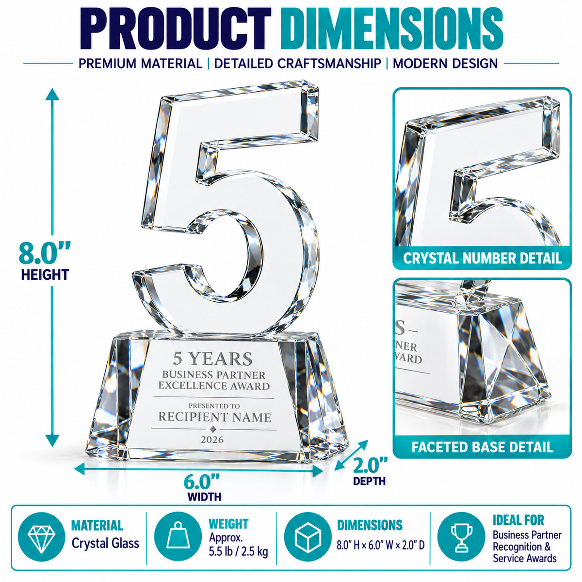 Noble Rise | Custom Crystal 5 Years of Service Recognition Award
