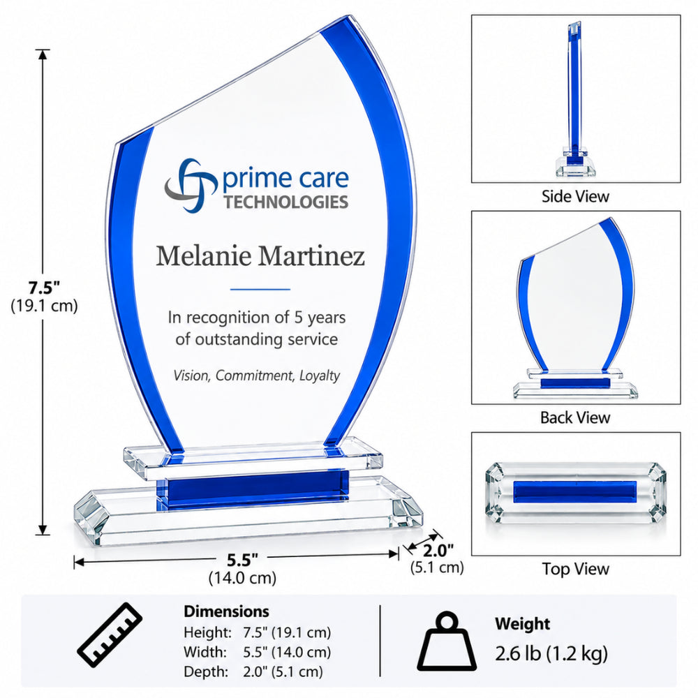 Semi-Ovale Bleu | Trophée en Cristal Personnalisé et Gravé