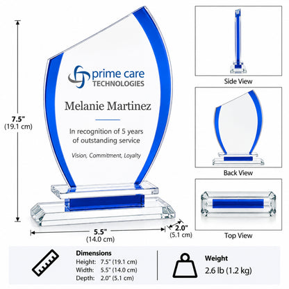 Semi-Ovale Bleu | Trophée en Cristal Personnalisé et Gravé