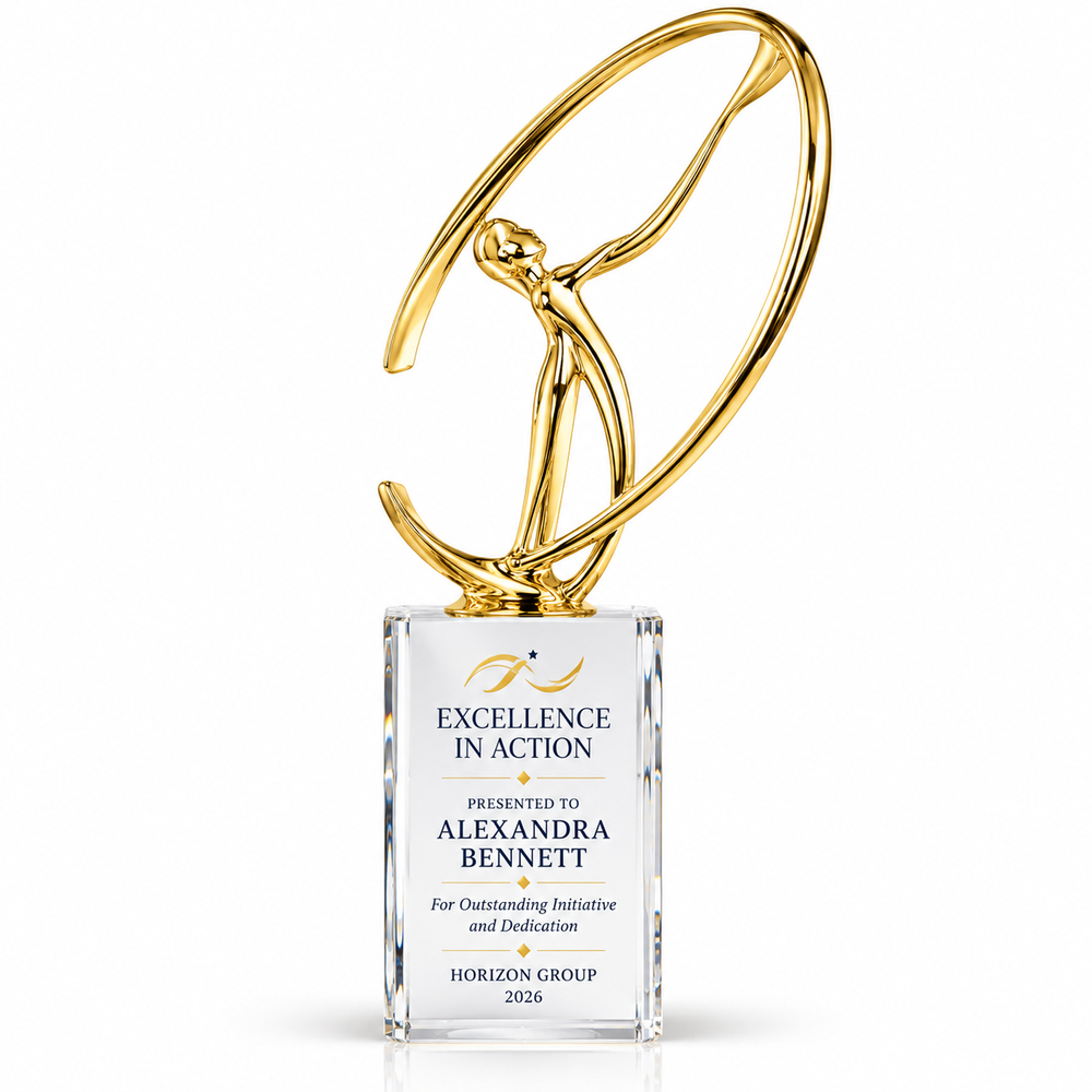 Fairway Swing crystal golf award with gold golfer figure on clear crystal base