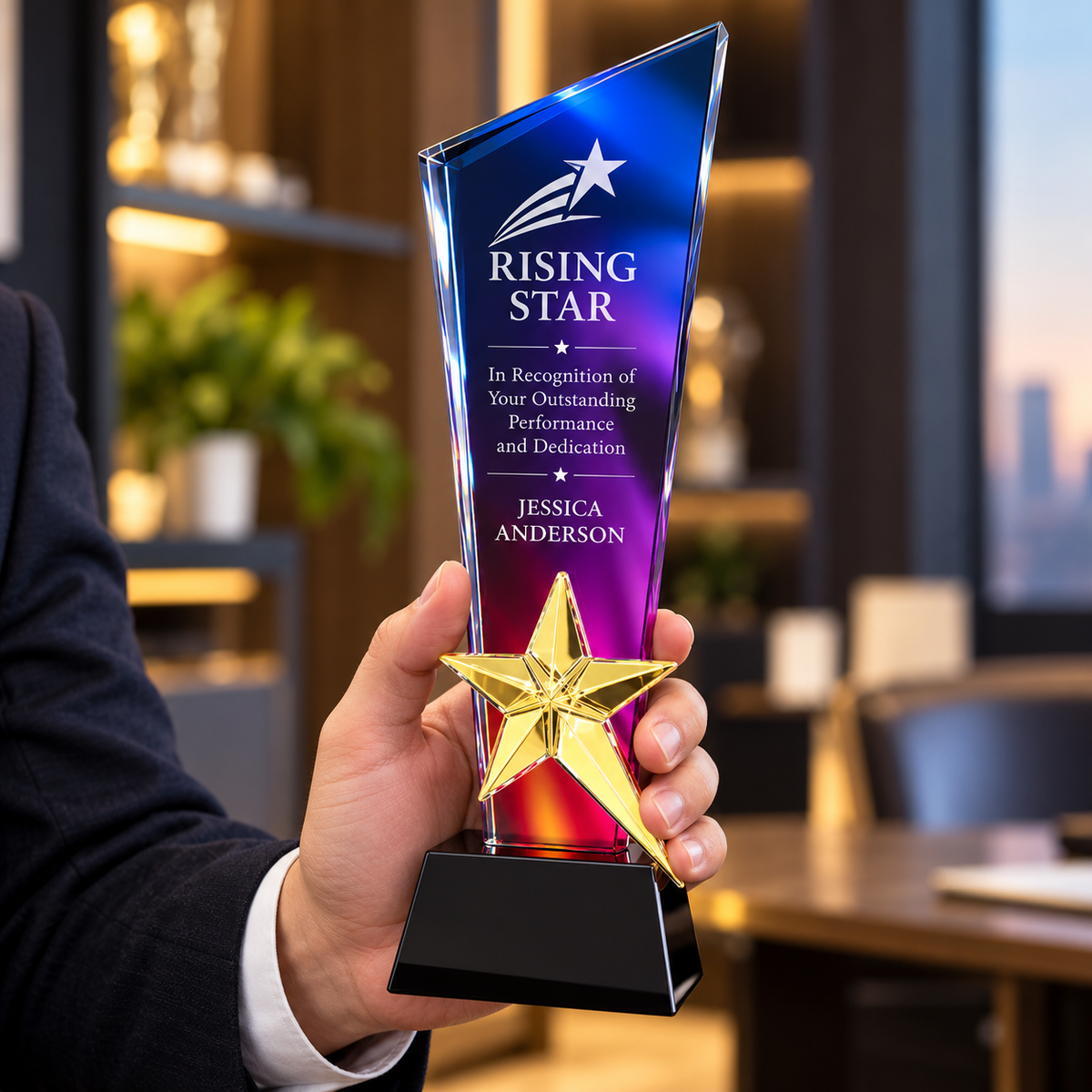 Custom purple crystal appreciation award with tapered shape for Thanksgiving recognition