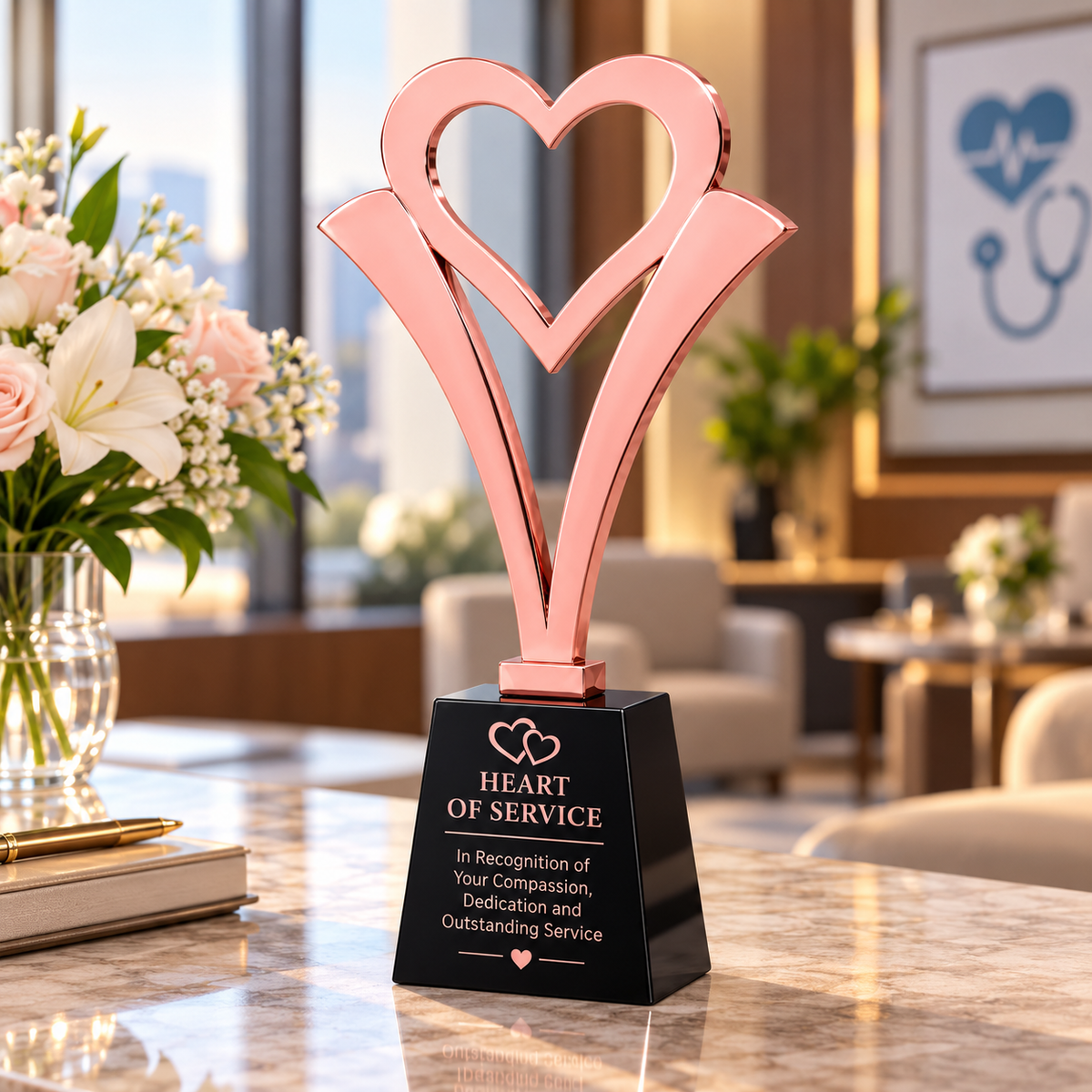 Custom rose gold metal heart trophy for Thanksgiving employee and client appreciation
