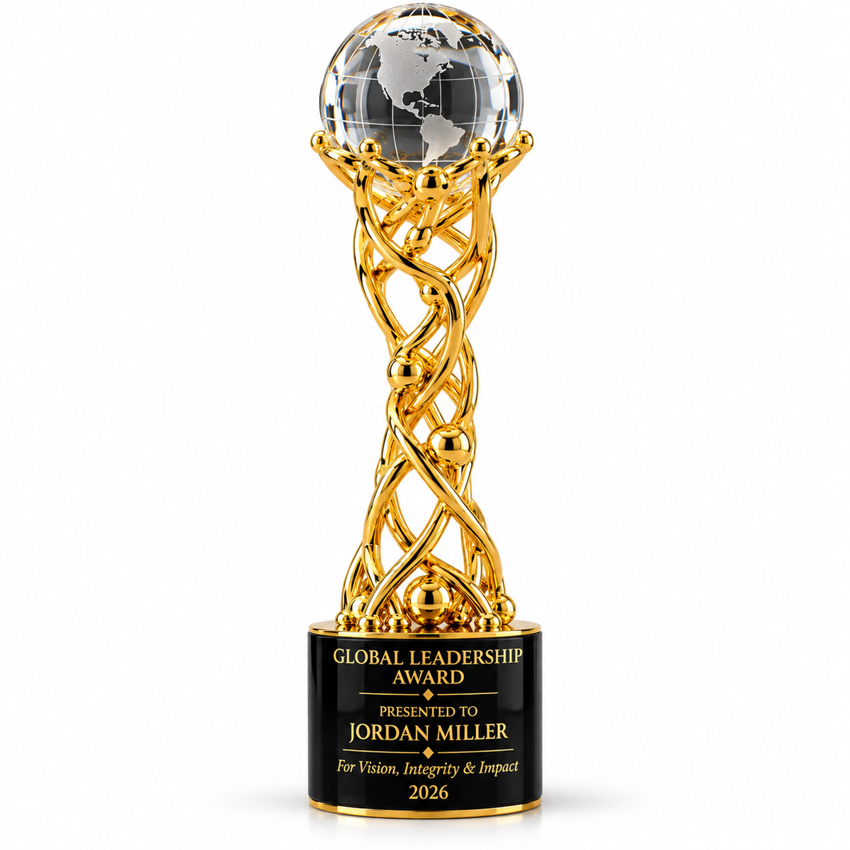 Victory Crown gold twisted metal trophy with crystal globe on black base