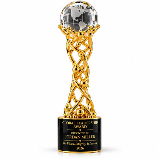 Victory Crown gold twisted metal trophy with crystal globe on black base