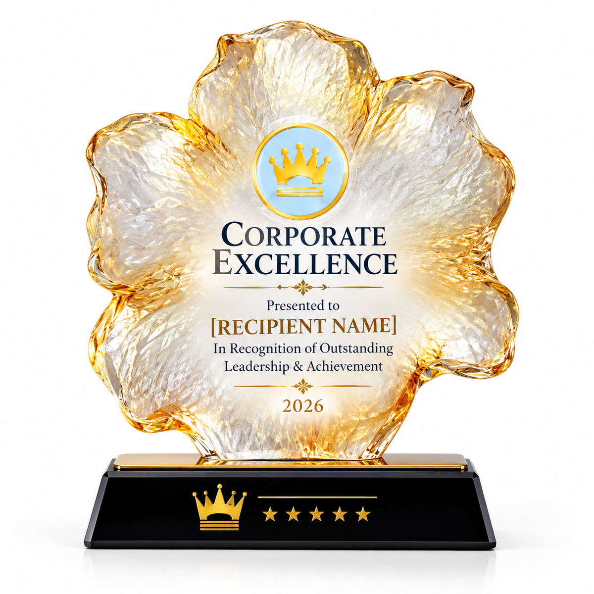Golden Promise sculpted crystal award with amber petal edge on a black base with gold crown