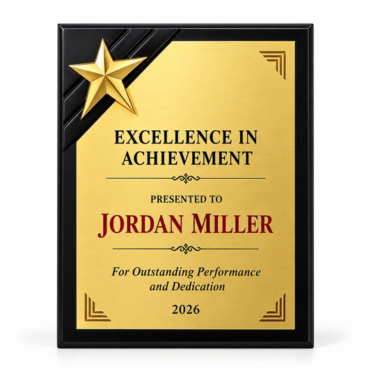 Star Laureate black and gold achievement plaque with gold star corner and excellence text