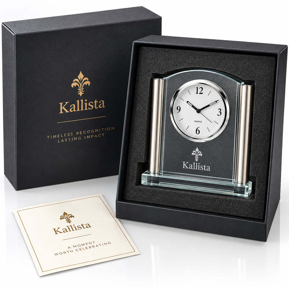 Silver Elegance | Crystal Desk Clock Recognition Award