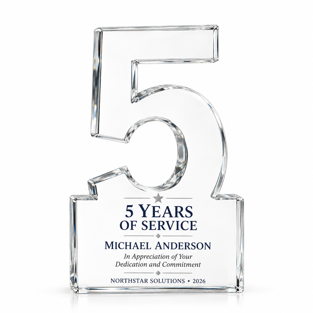 Golden Spark clear crystal number 5 years of service award for custom engraving
